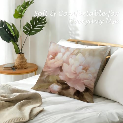 Vintage Pink Peony Floral Pillow Cover 18x18, Rustic Farmhouse Cottage Core Botanical Flower Decorative Lumbar Pillow Cover for Couch Bed Living Room Bedroom