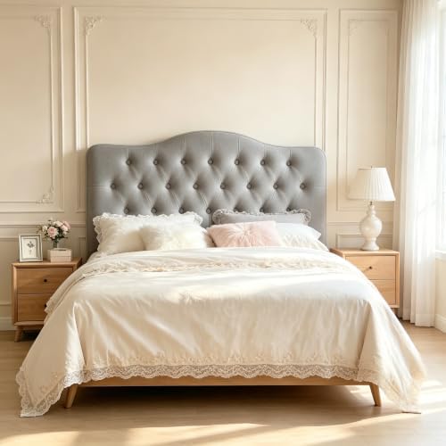 Linen Stitched Tufted King Headboard, Adjustable Height 34-43 in, Gray Padded Support for Reading, Relaxing or Working in Bed, Stable Non-Slip Design, Fits Bed Frame