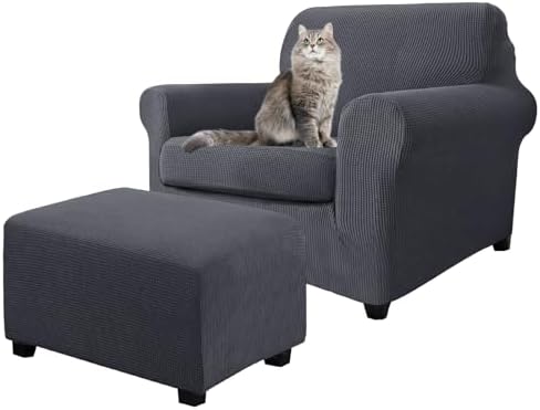 3 Piece Stretch Matching Chair and Ottoman Slipcover Set, Jacquard Arm Chair/Ottoman/Fitted Seat Covers, Non-Slip Accent Armchair and Foot Stool Slip Cover (Blue Gray,3 Pieces Set)