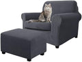 3 Piece Stretch Matching Chair and Ottoman Slipcover Set, Jacquard Arm Chair/Ottoman/Fitted Seat Covers, Non-Slip Accent Armchair and Foot Stool Slip Cover (Blue Gray,3 Pieces Set)