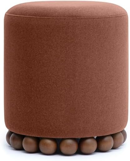 First of a Kind Bronze Performance Vegan Mohair Ottoman, Plush Upholstered Accent Stool and Footrest with Foam-Padded Top and Solid Wood Orb Legs