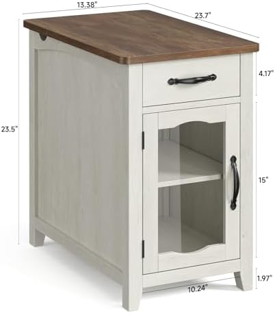 ONBRILL Rustic End Table with Charging Station, Narrow Side Table, White