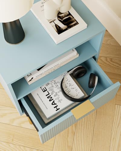 Aienvey Nightstand with One Drawer, Blue Stripe Night Stand and Gold Frame