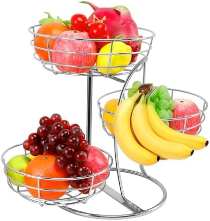 Livabber Fruit Basket Bowl with Banana Hanger, Fruit Vegetable Storage Basket with Banana Tree Holder for Kitchen Counter, Detachable Organizer for Bread Snack Produce (Chrome, 3-Tier Metal Base)