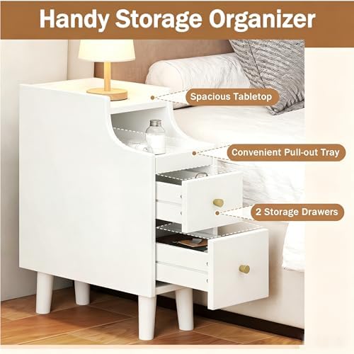 KOMFOTT Narrow Nightstand with Drawers, Solid Wood Bedside Table with Pull-Out Tray & 2 Storage Drawers, Slim Sofa End Table with Cable Management for Small Spaces, Bedroom (White,8" x 16" x 20",1)