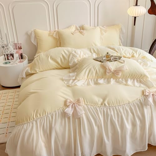 SOUKECHY Chic Lace Bedding,Girls Twin Aesthetic Comforter Cover Set,Romantic French Princess Style Ruffled Duvet Cover with Lovely Bow with Zipper Closure-Yellow,Twin Size