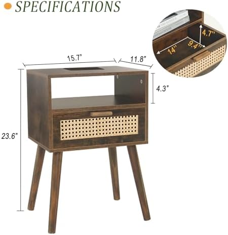 MaxSmeo Small Nightstand with Charging Station, Rattan Side Table Mid Century Modern Bedside Table for Bedroom, Living Room and Small Spaces, Solid Wood Legs (Rustic Brown)