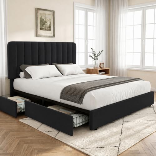 VECELO Full Size Upholstered Bed Frame with 4 Drawers and Headboard, Velvet Platform Storage Bedframe, Wooden Slats Support, No Box Spring Needed,Black