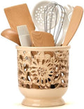 Farmhouse Kitchen Utensil Holder for Countertop, Ceramic Large Cooking Utensil Crock with Cork Mat, Decorative Rustic Utensil Holder for Kitchen Counter, Hollow Carving Flower, Beige