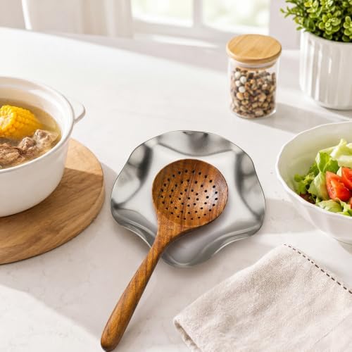 VanlonPro Stainless Steel Spoon Rest, Spatula Ladle Holder, Stainless Steel Utensil Spoon Rest Holder, Brushed Finish, Dishwasher Safe 5.9 Inch (Flower Silver 1PC)