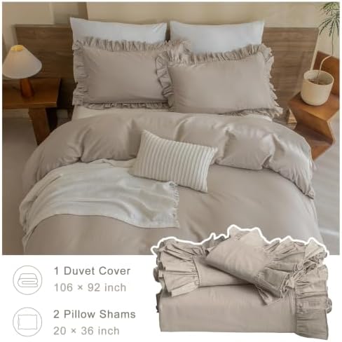 Washed Cotton Queen Duvet Cover Set Ruffle Duvet Cover Linen Textured Farmhouse Shabby Vintage Chic Bedding Comforter Cover 3 PCs Aesthetic French Country Queen Bed Set