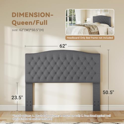 Befurtori Queen Headboard Only, Linen Classic Tufted Design, Dark Gray