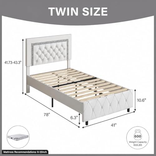 Twin Size Bed Frames, Upholstered Bed with Diamond Headboard,White