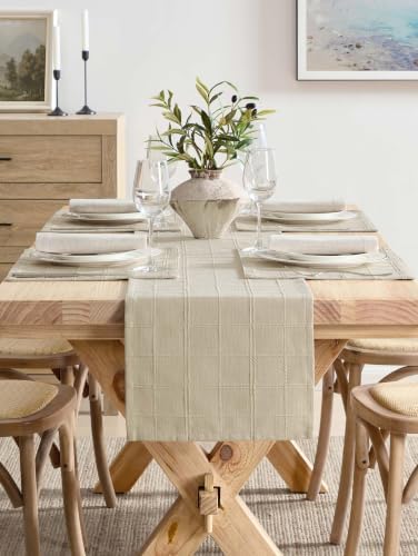 ZeeMart Linen Checked Farmhouse Table Runner, 13x48 Inches Oatmeal