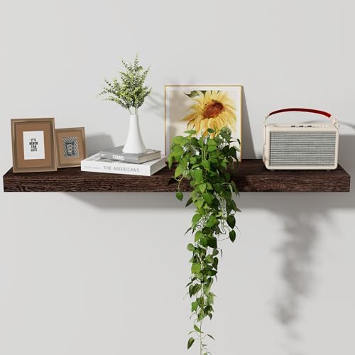 Axeman Floating Shelves, 8 Inch Deep Rustic Solid Wood Wall Shelves for Storage, Wall Mounted Display Shelving with Invisible Heavy-Duty Metal Bracket, 36" W x 8" D x 1.6" H, Rustic Brown