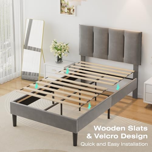 VECELO Twin Size Bed Frame with Upholstered Headboard, Dark Grey