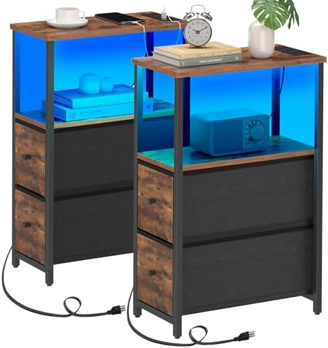 TUTOTAK Narrow LED End Table with Charging Station, Skinny Side Table