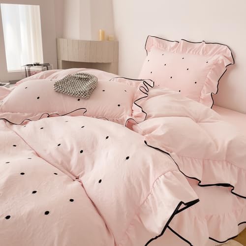 Polka Dot Duvet Cover Set Queen Princess Style Ruffle Bedding Set, 3 Pieces Soft Microfiber Cute Dots Pattern Pink Comforter Cover with Ruffles, Girls Romantic Ruffle Duvet Cover with Zipper Closure