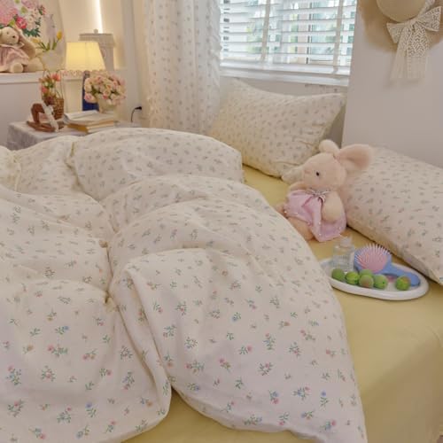 Aesthetic Floral Duvet Cover Set Twin, 3 Pieces 100% Cotton Double Gauze Soft Breathable Bedding Set with Zipper Closure & Corner Ties, Cottagecore Farmhouse Comforter Cover and 2 Matching Pillowcases