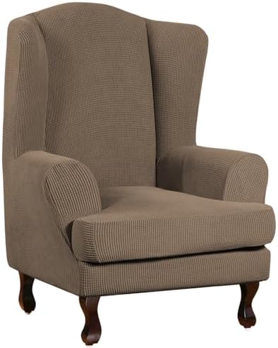 Turquoize Wingback Chair Covers 2 Piece Wing Chair Slipcover Stretch Slipcovers for Wingback Chairs Spandex Jacquard Fabric with Elastic Bottom Non-Slip Furniture Cover, Macchiato