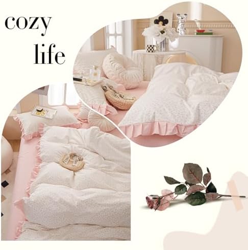 Pink Ruffle Duvet Cover Set 100% Cotton Queen(90"x90"),Pink Flower