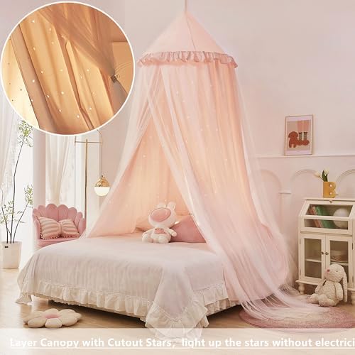 Princess Bed Canopy for Girls, Double Layer Canopy Fits Twin/Full Bed - Fairy Bed Tent for Kids Room Decor(with Cutout Stars,Pink)