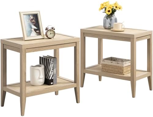 SICOTAS Rattan End Table Nightstand Set of 2, Side Table with Storage