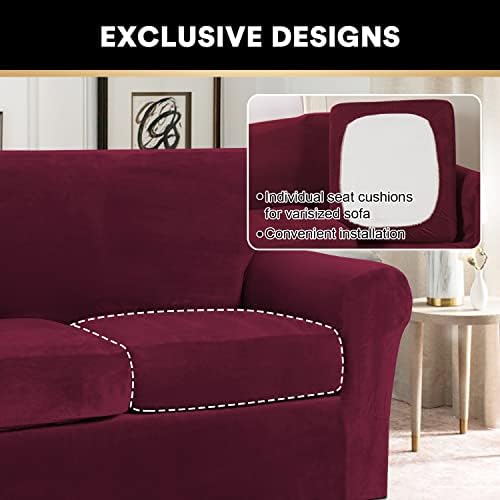 PrinceDeco Velvet XL Couch Cover for Oversized Sofa 4 Piece Sofa Covers for 3 Cushion Couch Washable Furniture Protector with Non Slip Elastic Bottom Width Up to 105 Inch(X-Large, Burgundy)