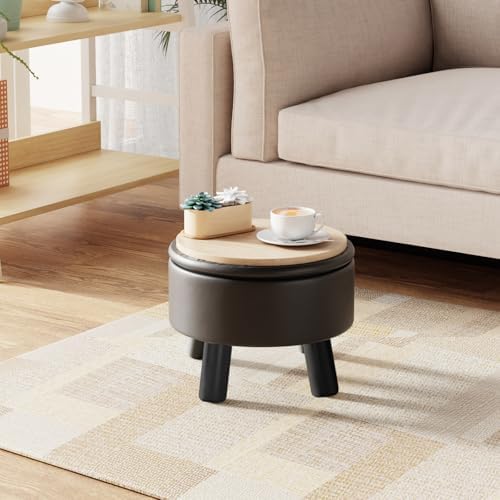 Small Foot Stool Ottoman with Storage, Faux Leather Ottoman Foot Rest for Couch, Round Footstool Ottomans for Living Room (Black)