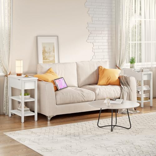 HOOBRO End Table with Charging Station, Narrow Side Table, Flip Top Nightstand with USB Ports and Outlets, Bedside Tables with Shelf for Small Spaces, Living Room, White WT341BZ01