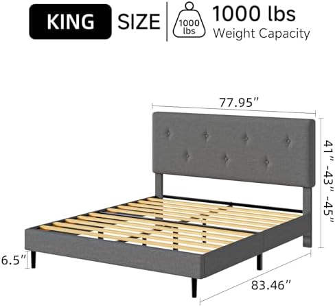 King Size Linen Bed Frame with Adjustable Headboard Grey