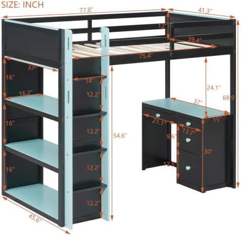 LUMISOL Twin Gaming Loft Bed with Desk and Storage Shelves, Solid Wood Loft Bed with Drawers and Computer Desk for Teens, Space Saving High Loft Bed Frame for Kids Bedroom Blue