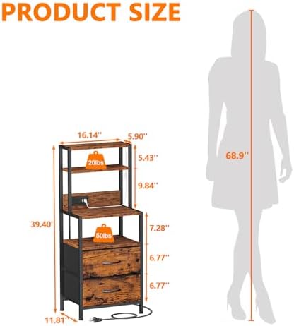 Furnulem Night Stand, Tall Nightstand with 4-Tier Shelves, 2 Fabric Drawers