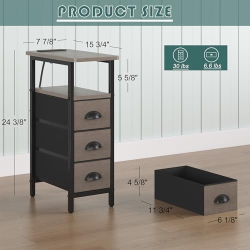 shtmec Narrow End Table Set of 2 with Charging Station, Side Tables Set 2 with Fabric Drawers, Small Bedside Tables Nightstands for Small Space, Slim Sofa Couch Table for Livingroom, Grey