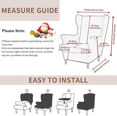 HAOYONG Christmas Stretch Wingback Chair Cover 2 Pieces Wing Chair Slipcover Printed Wingback Armhair Slipcover Wingback Washable Sofa Covers Christmas Decoration Furniture Protector for Armchair