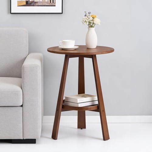 2-Tier Bamboo Round Side Table, Mid-Century Modern End Table
