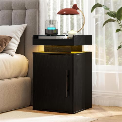 Baoz Black LED Nightstand with Door, Modern Bedside Table for Bedroom