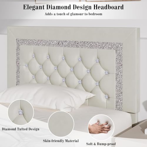 BarnFurin Twin Bed Frame with Diamond Tufted Headboard, Cream