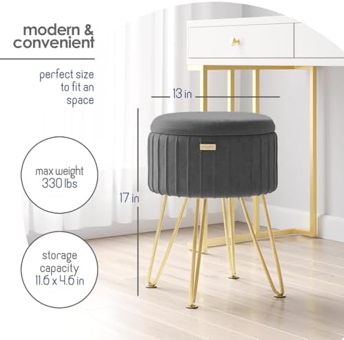 Round Ottoman with Storage, Pleated Velvet Storage Ottoman, Foot Stool Ottomans, Makeup Vanity Stool, Small Ottomans Foot Rest, Modern Vanity Stools for Living Room and Bedroom, Grey