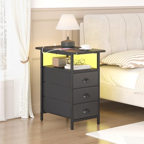 sthmec End Table with Charging Station,LED Side Tables with USB Ports and Outlets,Narrow Nightstands Bedside Tables with 3 Drawers PU Finish for Small Space,Slim Sofa Table for Livingroom,Black