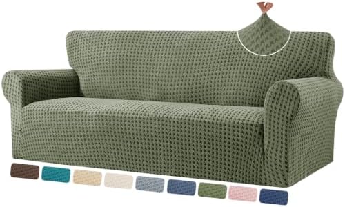 ZNSAYOTX 1 Piece Stretch Couch Cover (72"-90") New-Houndstooth Texture, Thick Sofa Covers for 3 Cushion Couch Universal Sofa Slip Cover with Elastic Bottom & Buckle, Washable Protector Army Green