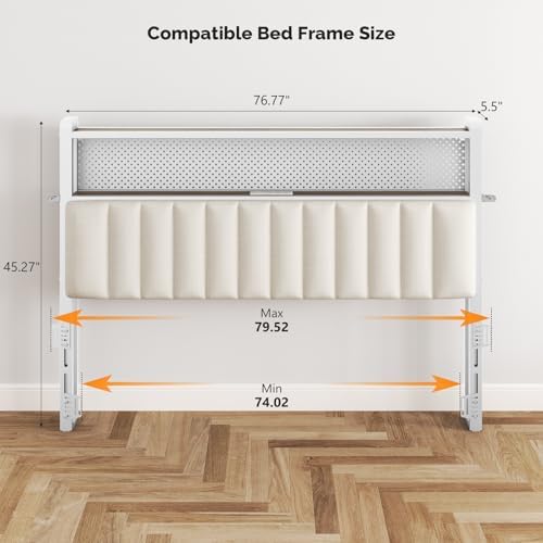 VINGLI King Size Headboard for Bed,Upholstered Headboards with Storage, Charging Stations and LED Lights, 2 Tier Shelves and Pegboard, Modern Bed Head Board, Adjustable Height, White
