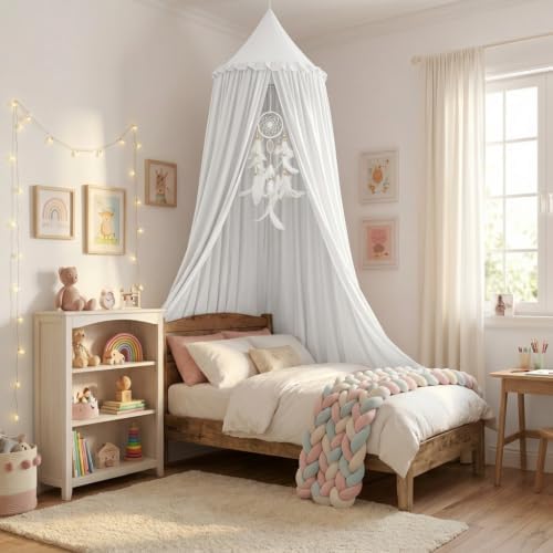 Bed Canopy for Girls, Princess Crib Canopy for Nursery, Dreamy Soft Hanging Canopy for Toddler Bed, Twin & Full Size, Kids Bed Canopy for Girls Room Decor & Reading Nook, White