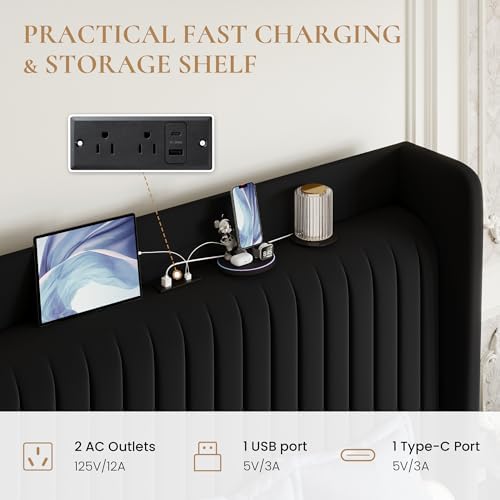 SHA CERLIN King Size Velvet Bed Frame with Shelf, Charging Station, Black