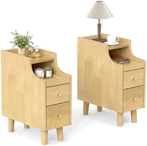 KOMFOTT Narrow Nightstand with Drawers, Solid Wood Bedside Table with Pull-Out Tray & 2 Storage Drawers, Slim Sofa End Table with Cable Management for Small Spaces, Bedroom (Natural,8" x 16" x 20",2)