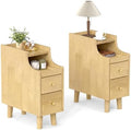 KOMFOTT Narrow Nightstand with Drawers, Solid Wood Bedside Table with Pull-Out Tray & 2 Storage Drawers, Slim Sofa End Table with Cable Management for Small Spaces, Bedroom (Natural,8" x 16" x 20",2)