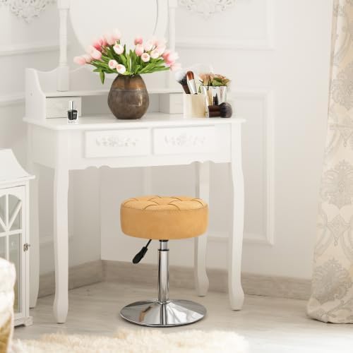 LUE BONA Adjustable Vanity Stool, 360°Swivel Vanity Chair Stool for Makeup Room, Honey Brown Stool Chair for Vanity, Small Velvet Vanity Stool for Bathroom, Living Room