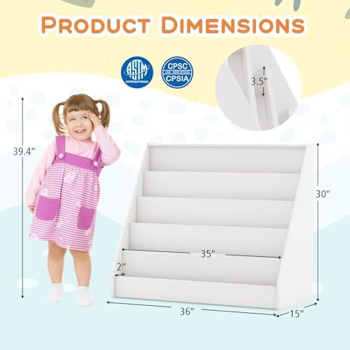 Costzon 5-Tier Kids Bookshelf, Wooden Children Bookcase, Toddler Book Rack, Magazine Storage & Display Shelf, Book Shelf for Kids Room, Living Room, Nursery, Classroom (White)