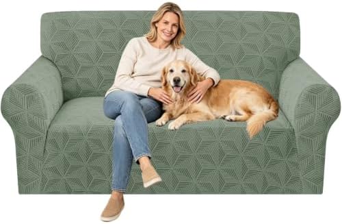 ZNSAYOTX Stretch Couch Cover, 1 Piece Sofa Covers for 2 Cushion Couch, Jacquard Loveseat Slipcovers with Elastic Bottom Thickened Furniture Protector for Dog Cat Pet (Medium, Army Green)