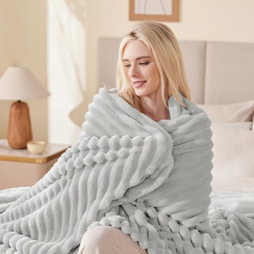 EXQ Home Stripe Jacquard Throw Blanket Light Grey for Couch Gentle Soft